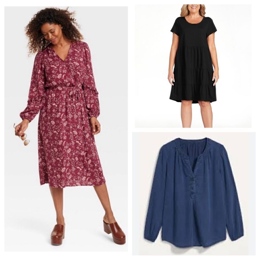 Women’s XXL Dress & Popover Top Bundle Floral Dress, Black Dress, Chambray 2XL